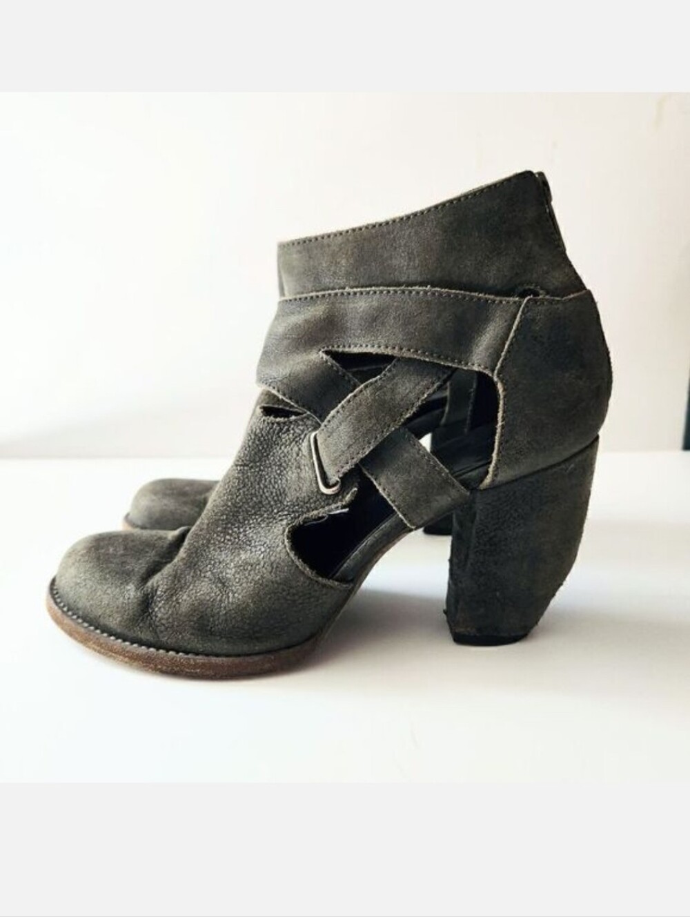 LT Tuttle Grey Suede Cutout Strappy Asymmetrical Heel Boots EU38 ~ US 7.5